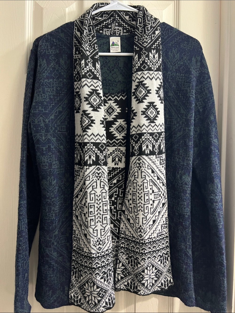 Alpaca Navy Open-Front Sweater Cardigan with Black & White Aztec Trim